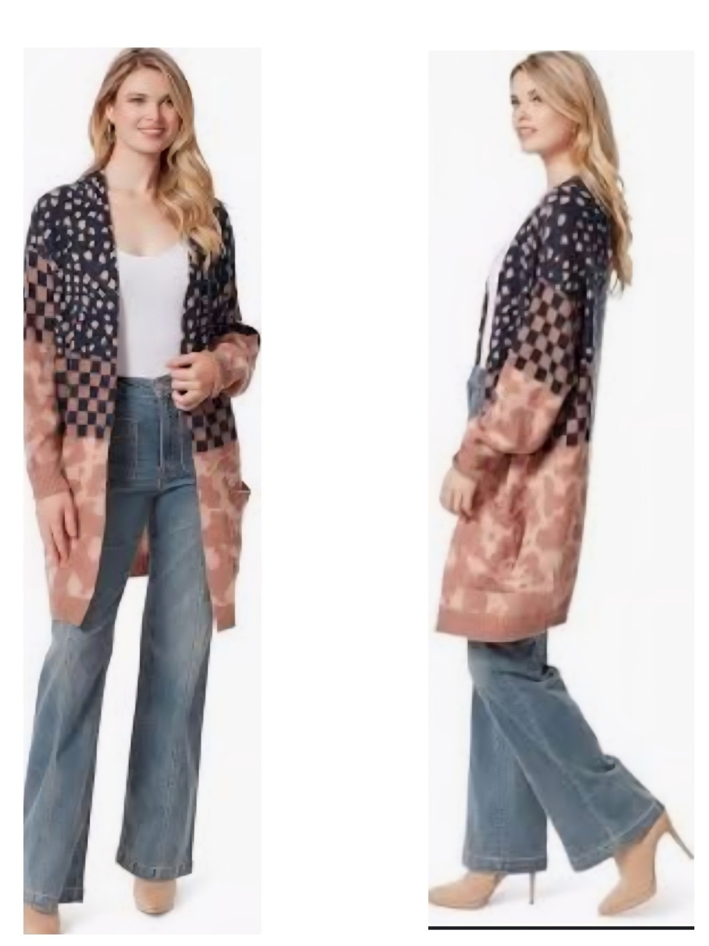 Jessica Simpson Patchwork Open-Front Cardigan in Navy and Dusty Rose Size M